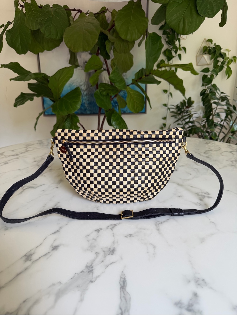 Clare V. Grande Fanny Black & Cream Leather Woven Checker Crossbody Belt Bag
